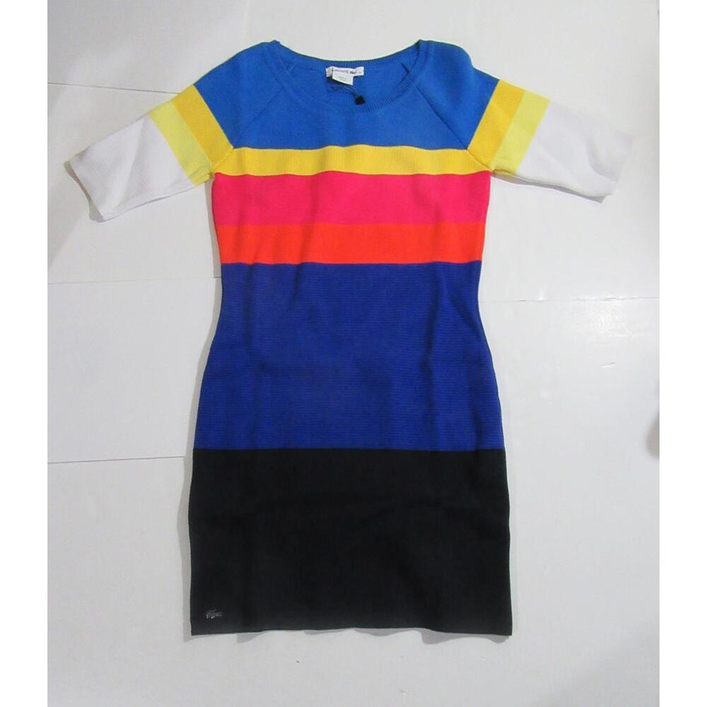 Womens Lacoste Sweater Dress Blue Pink Yellow Colorblock Size FR 36 / US 4 Small